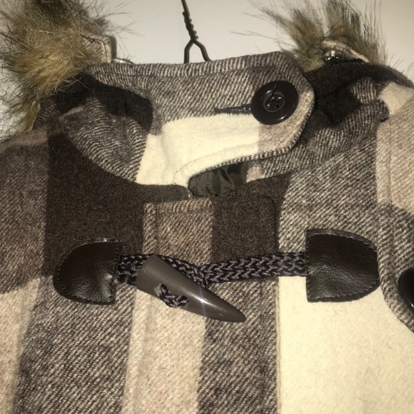 Vintage Y2K Lola Brown Plaid Wool Blend Crop Bomber Coat w/Faux Fur Trim Hood - Picture 3 of 15